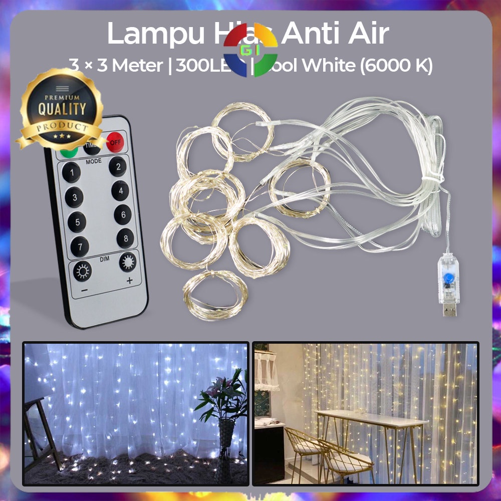 Lampu Hias Gorden String Lights Anti Air 3x3M 300LED Cool White