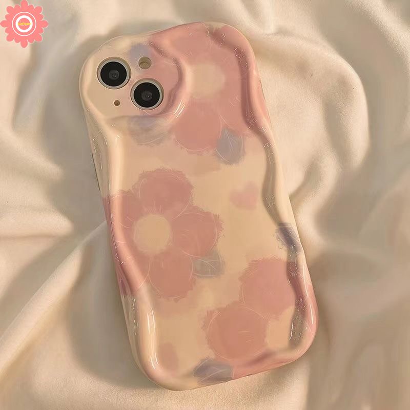 IPHONE Ins Tinta Cinta Hati Flowers Case Kompatibel Untuk Iphone11 7Plus XR 14 13 12 Pro Max 6s 6 7 8 Plus X XS Max SE 2020 3D Wavy Curved Edge Glossy Airbag Shockproof Soft Cover