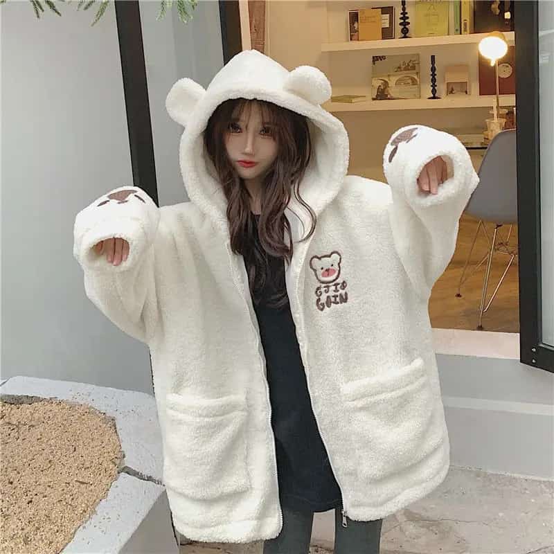 Bear Girl Jaket Zipper Sherpa Buludru Bordir Premium Fit To XL Besar l Jacket Hoodie Wanita Remaja Korean Style