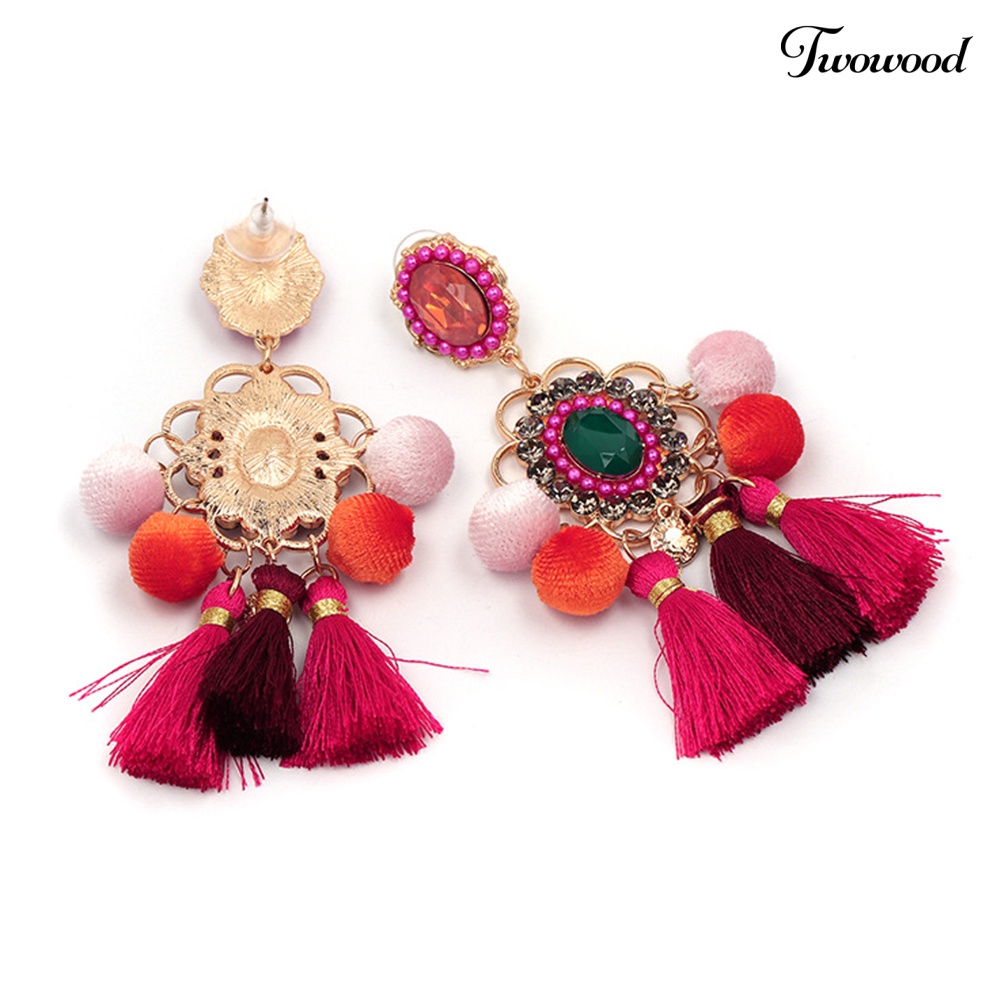 Twowood Wanita Berlian Imitasi Bunga Pompom Rumbai Menjuntai Ear Stud Earrings Pernyataan Perhiasan