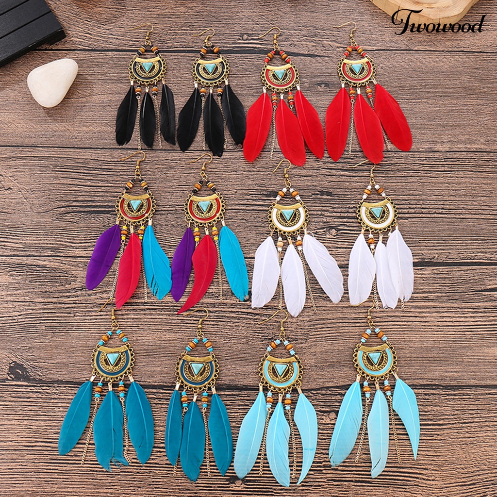 Twowood 1pasang Anting Kait Gaya Bohemia Etnik Bulu Sintetis Indah Lady Boho Anting Menjuntai Untuk Prom