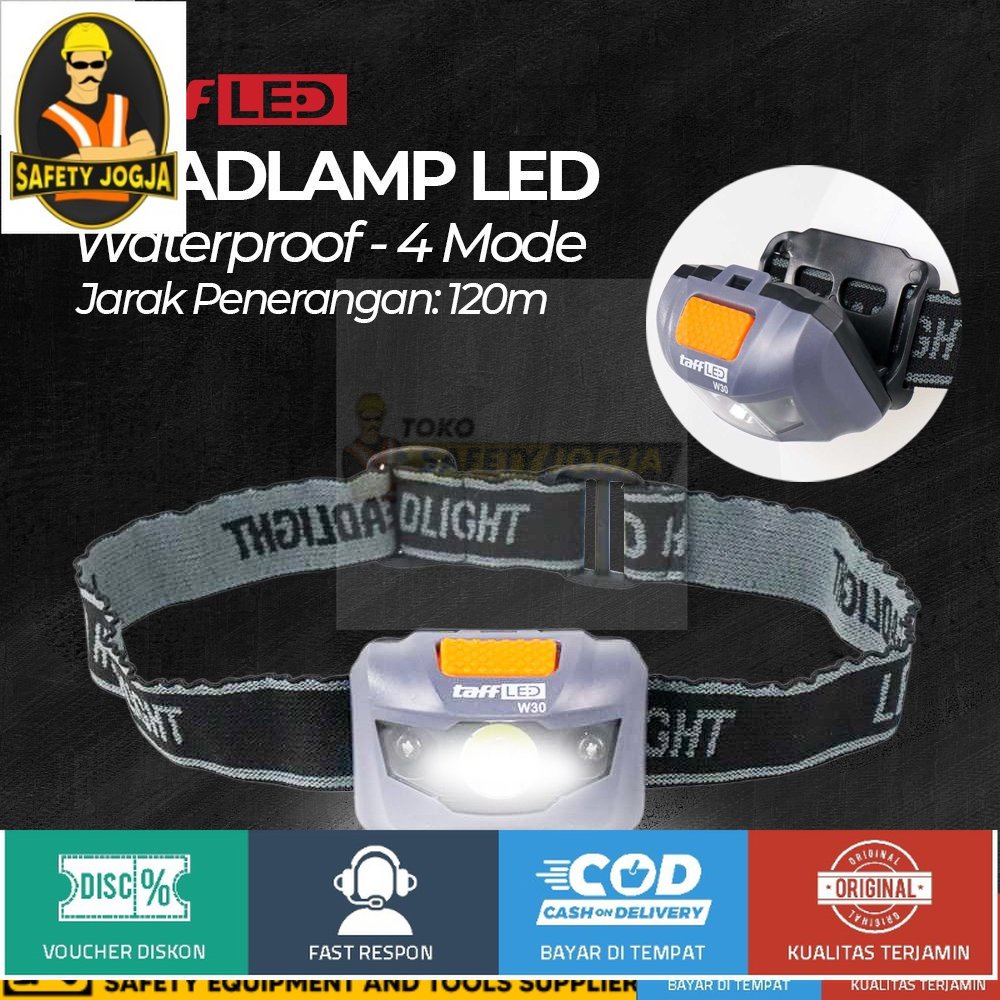 TaffLED Headlamp LED Flashlight White and Red Light W30 Gray Waterproof