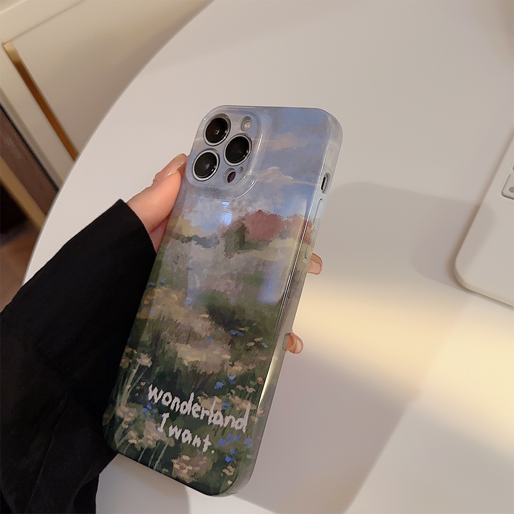 IPHONE Classical Art Monet Garden Perlindungan Penuh Telepon Hard Case Film Glossy Cover Pelindung Untuk Iphone7 8 PLUS X XR XS 11 12 13 14 PRO MAX SE 2020