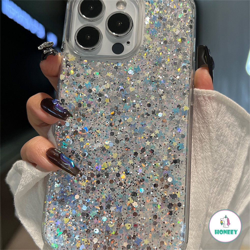 IPHONE Case Iphone14 Silver Foil Glitter Payet Case Kompatibel Dengan Iphone14 13 12 11 Pro Max Anti-Slip Bumper Lembut TPU Penutup Belakang