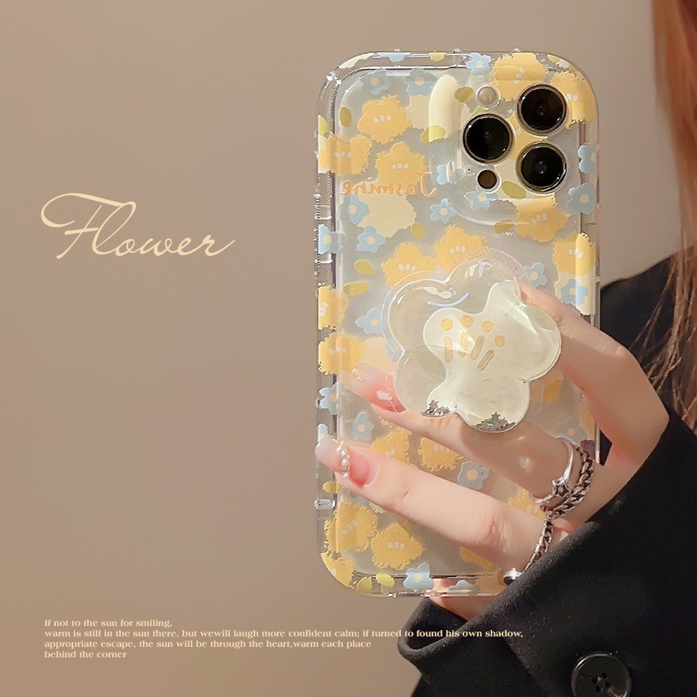 IPHONE Korea Yellow Flaxen Flowers Silicone Case Dengan Holder Kuning Untuk Iphone14 11 12 13 PRO MAX Casing Cover Pelindung AT0298