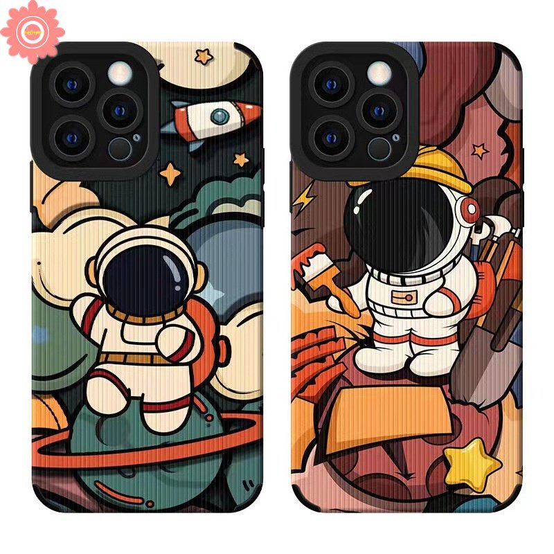 IPHONE Casing Ponsel Tekstur Kulit Mewah Kompatibel Untuk Iphone11 12 13 14 Pro MAX XR 7 8 Plus X XS MAX 7Plus Kartun Lucu Astronot NASA Silicon Lembut Shockproof Cover