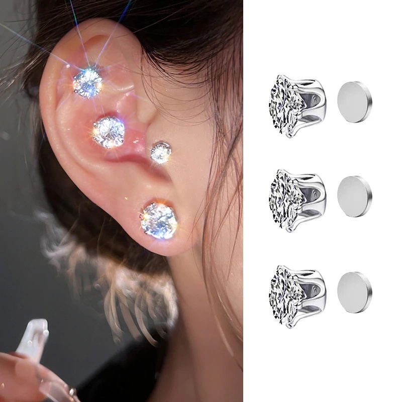 Fashion Elegan Kristal Klip Telinga Magnetik Untuk Wanita Pria Anak Ada Lubang Telinga Anting-Anting Mewah Besar Zirkon Bulat Cinta Hati Stud Earrings Tanpa Tindik Perhiasan