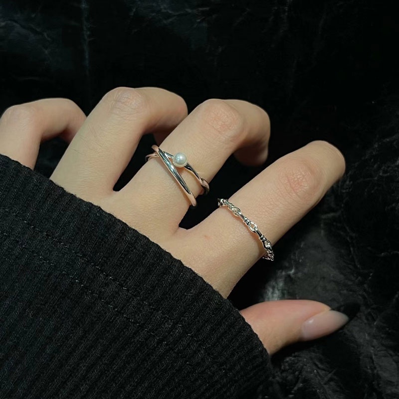 Kami Bunga Korea Trendi s925 Perak Cross Mutiara Cincin Untuk Wanita Gadis Elegan Geometris Berongga Simpul Rings Fashion Jari Perhiasan Aksesoris