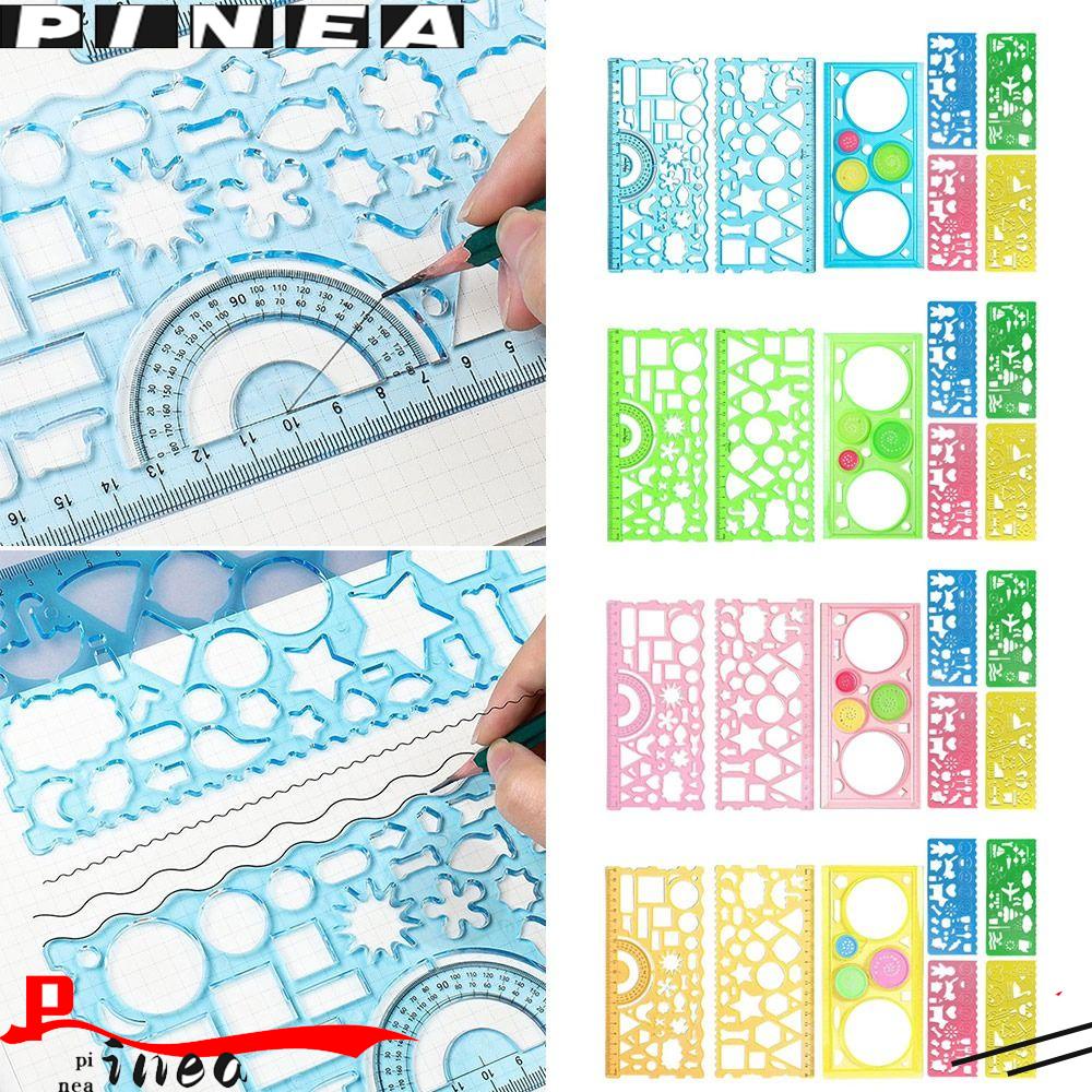 Nanas 7PCS/Set Penggaris Perlengkapan Kantor Sekolah Kreatif Alat Tulis Multi Berbentuk Oval Geometris Template Pola Kurva Gambar Geometris
