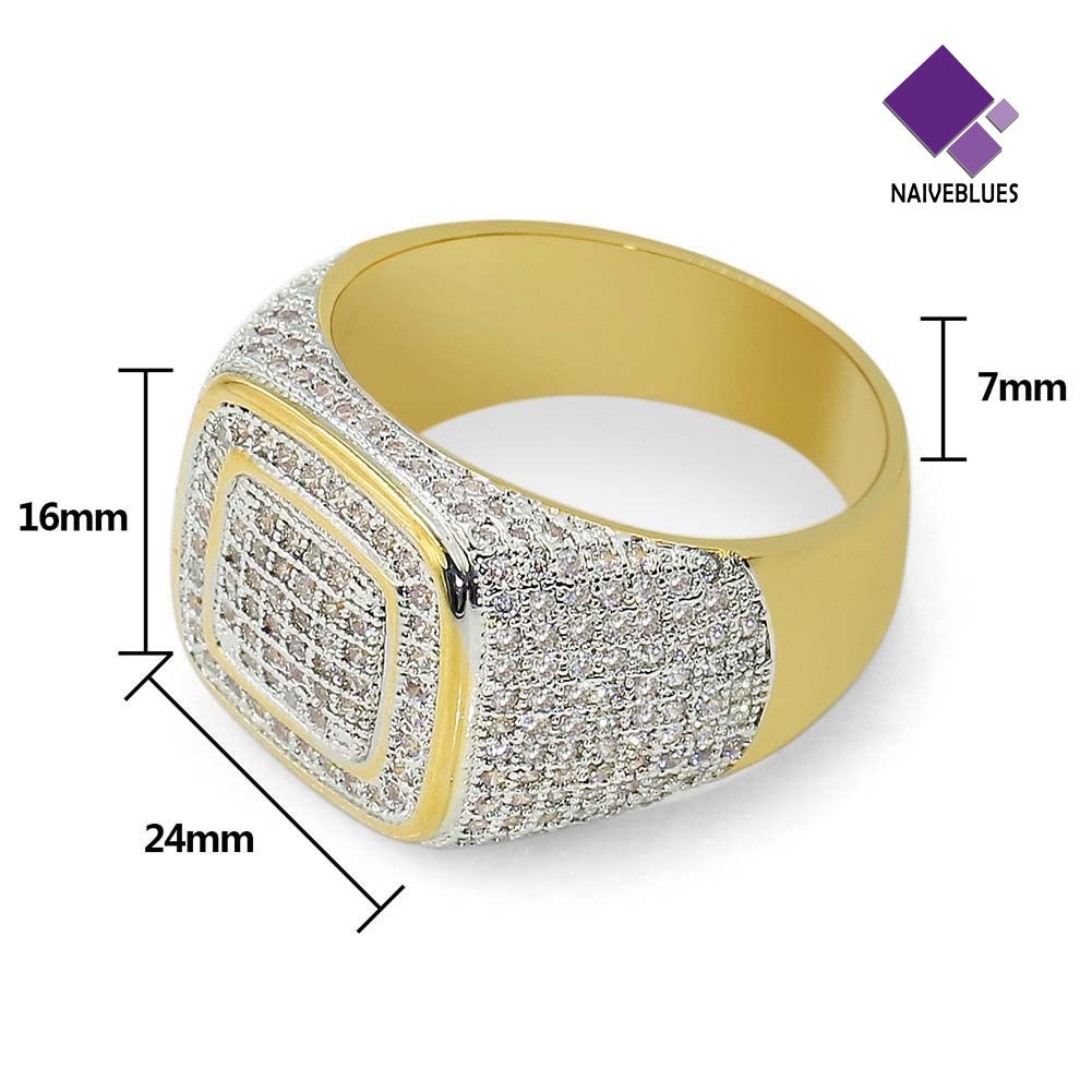 &lt; Naiveblues &gt; Glitter Pria Persegi Penuh Berlian Imitasi Bertatahkan Jari Cincin Perhiasan Pernikahan