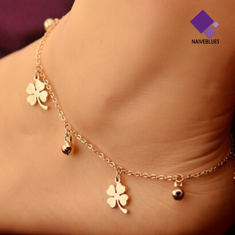 &lt; Naiveblues &gt; Lucky Clover Bells Charm Anklet Kaki Rantai Wanita Musim Panas Ankle Bracelet