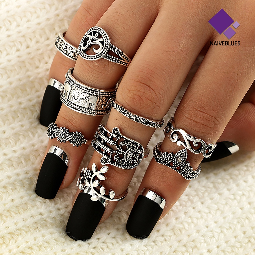 &lt; Naiveblues &gt; 9Pcs Cincin Knuckle Stackable Bunga Ukir Warna Silver Bohemia Finger Rings Aksesori