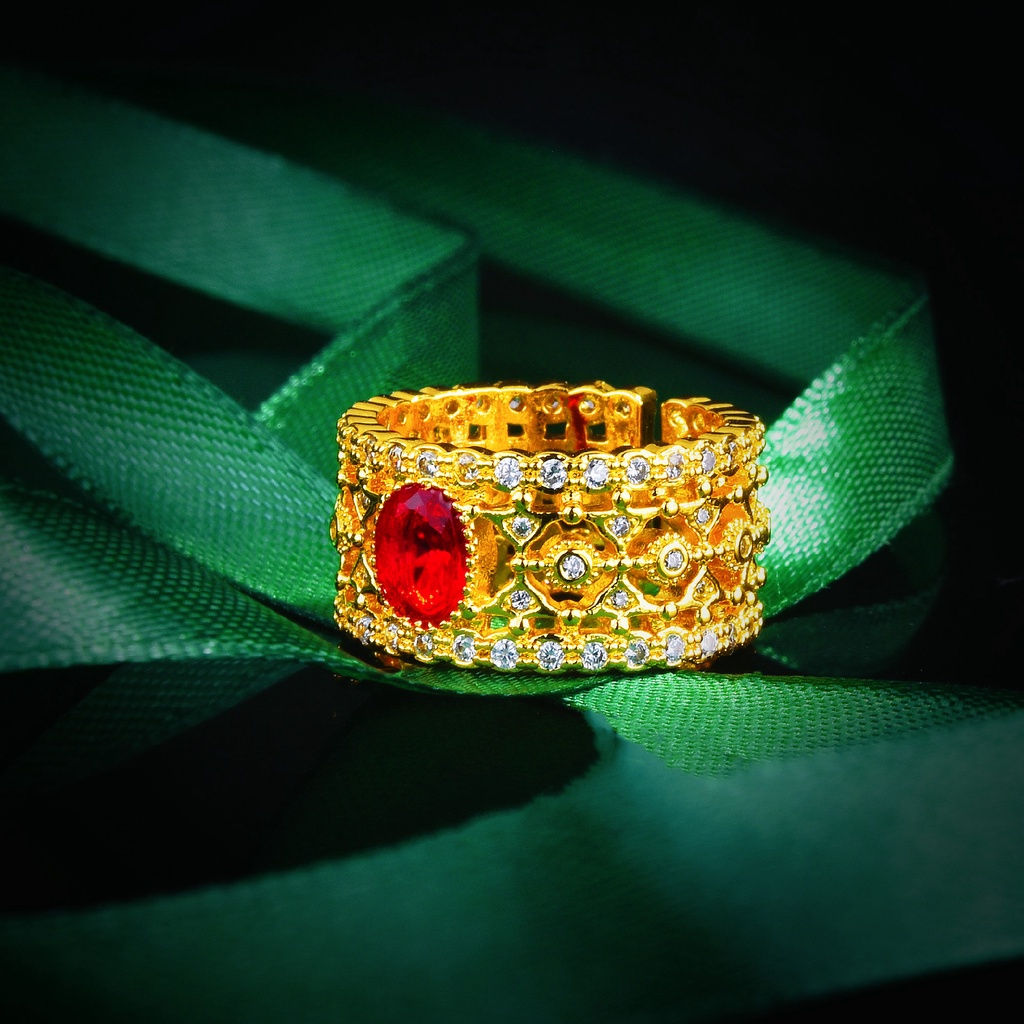 Goldkingdom Aksesoris Perhiasan Fashion Ready Stock Vintage Merpati Darah Ruby Cincin Emas Klasik Retro Antik Cincin Wanita Ujung Terbuka