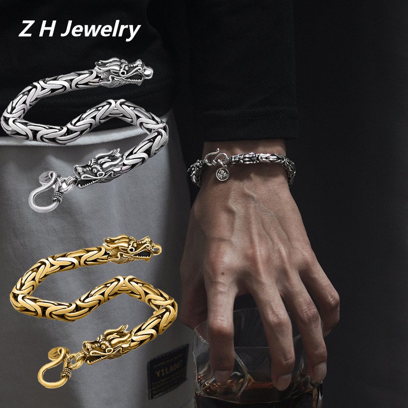 Zh Perhiasan Gothic Stainless Steel Kepala Ganda Keel Pria Gelang Hip Hop Halloween Pesta Aksesoris