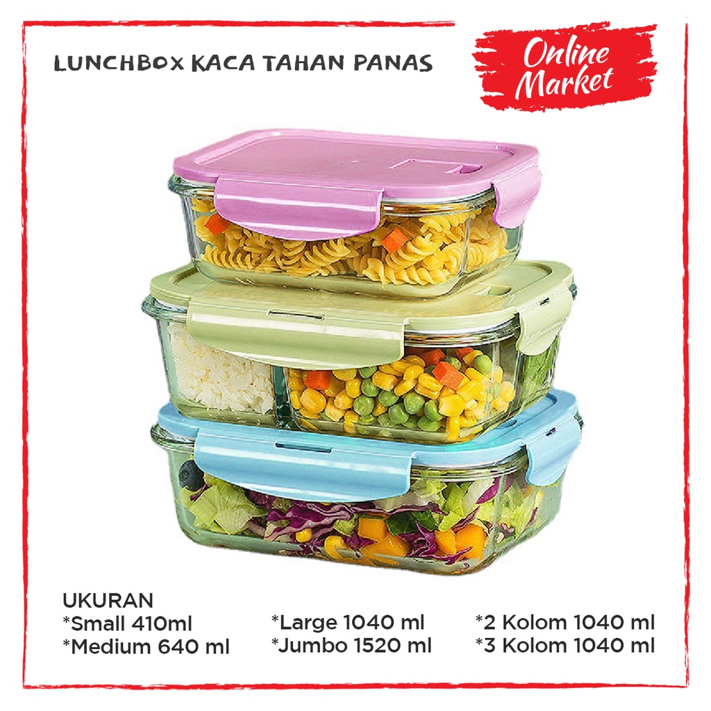 Kotak Makanan Glass Lock Tahan Panas - Lunch Box Microwave - Kotak Makanan Kaca -Lunchbox 2 Kolom 3 Kolom