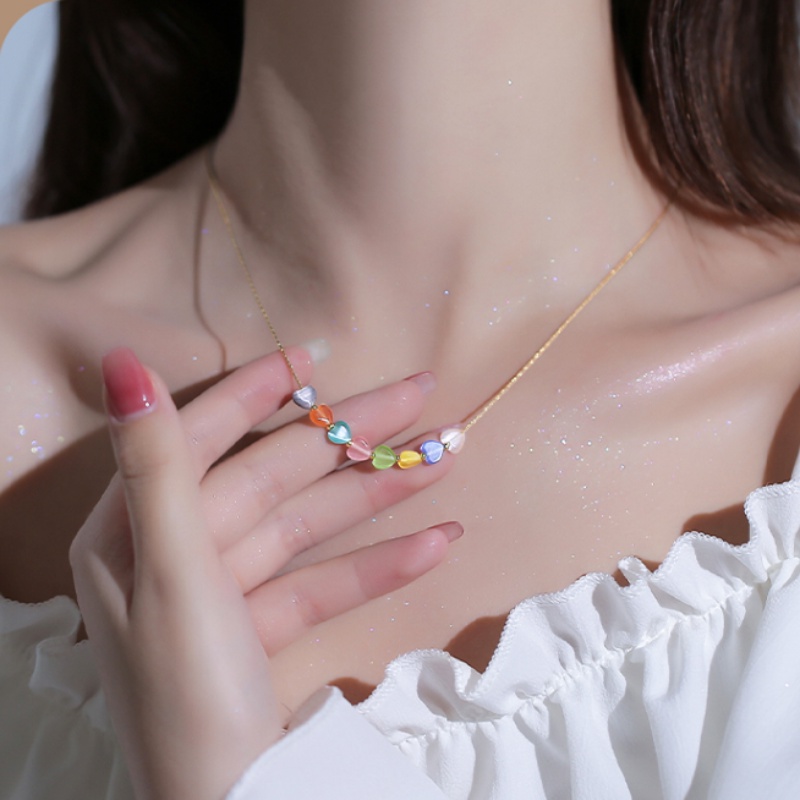Papaozhu Indah Pelangi Akrilik Jantung Manik-Manik Liontin Kalung Untuk Wanita Gadis Korea Musim Panas Fashion Warna-Warni Cinta Pesona Choker Necklaces Jewelry