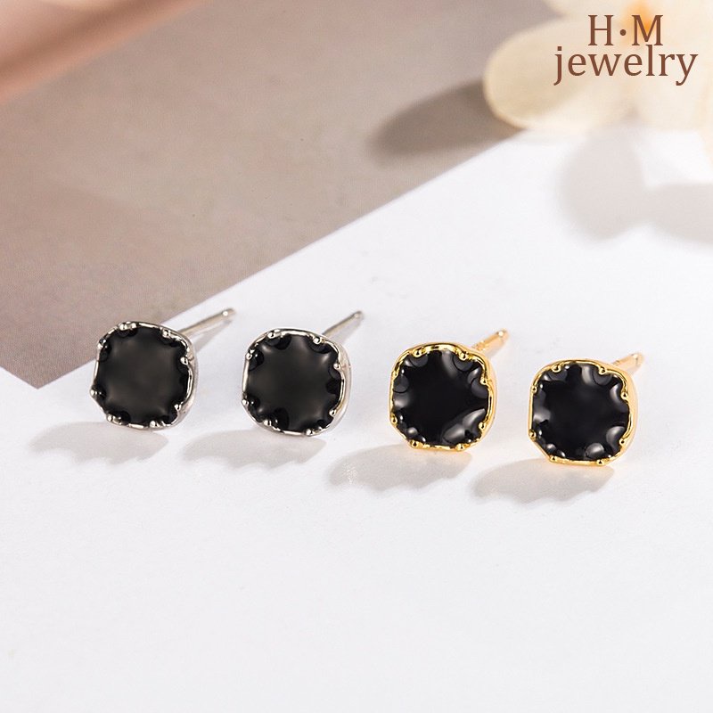 S925 Perak Sederhana Geometris Square Ear Studs Anting Hitam Bermutu Tinggi