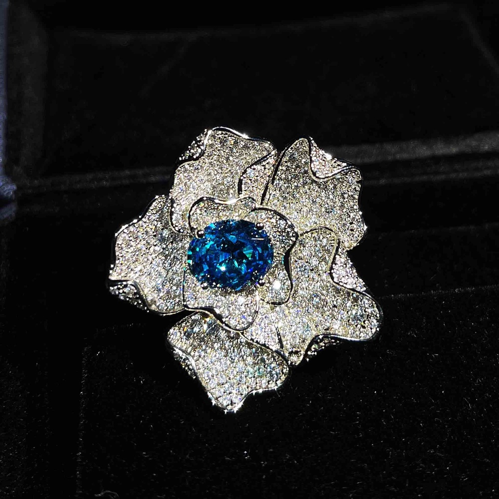 Goldkingdom Aksesoris Perhiasan Fashion Ready Stock Mewah Full Berlian Laut Biru Berharga Swiss Blue Topaz Bunga Dove Cincin Telur