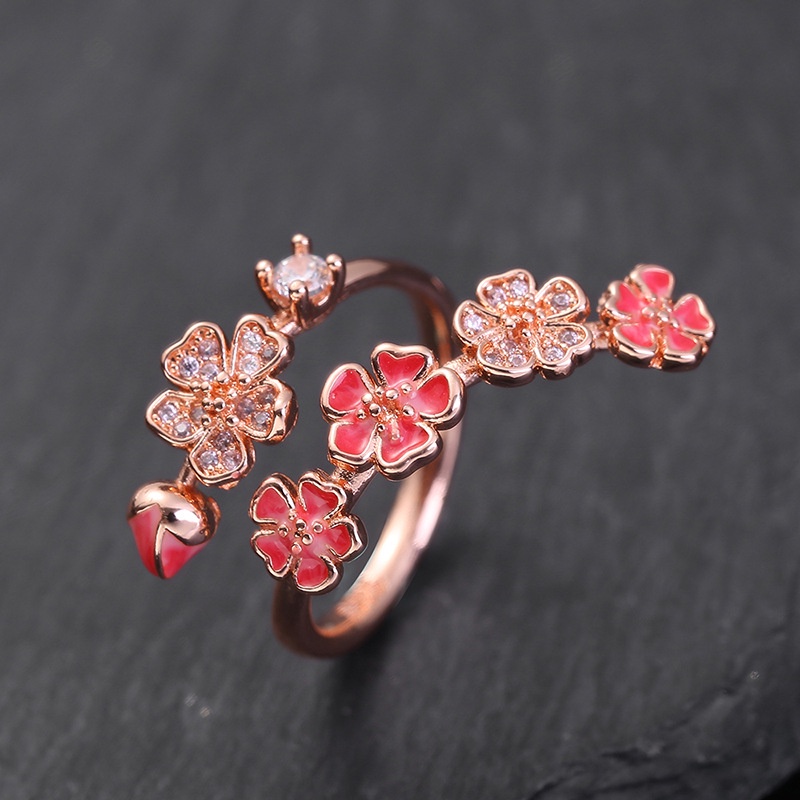 Goldkingdom Fashion Perhiasan Aksesoris Ready Stock Kreatif Penuh Berlian Bunga Cincin rose gold drop Lem enamel Cincin Perempuan Cincin