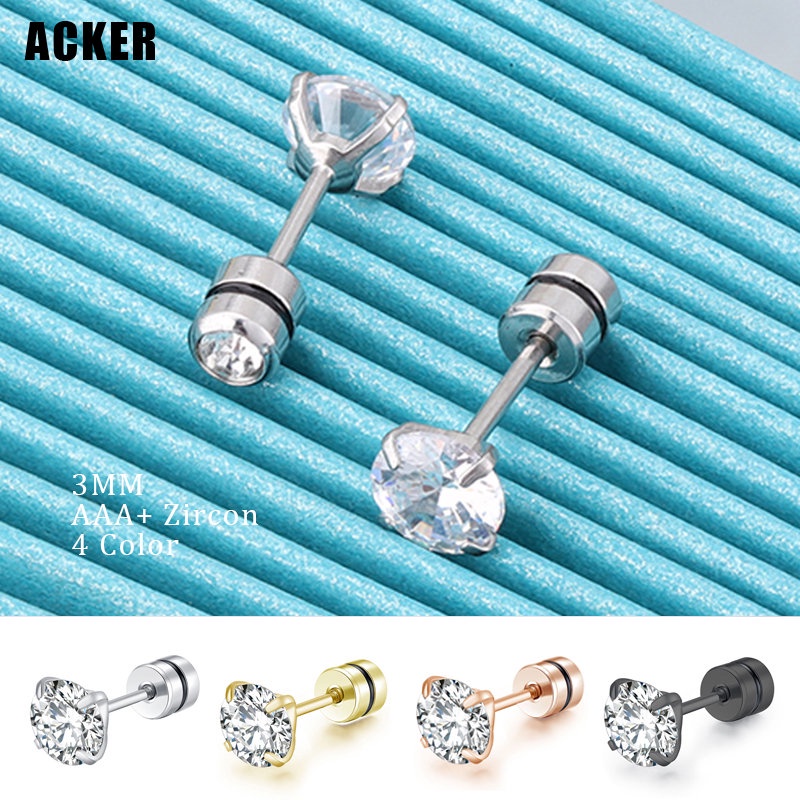 [ACKER] 3mm 1pasang 925silver Titanium Stainless Cubic Zirconia Diamond AAA+ Anting Tusuk Zircon Untuk Wanita /Pria