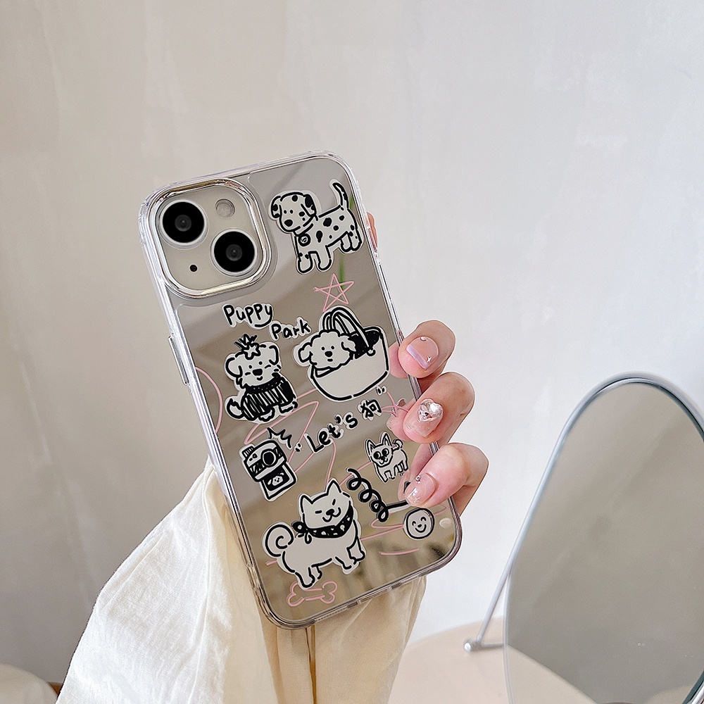 Korea Puppy Dog Makeup Mirror IPhone Case Kompatibel Untuk Iphone11 14 Pro Max Casing Ip13 Pro Max Iphone12 Case Lembut TPU Belakang Ponsel Cover