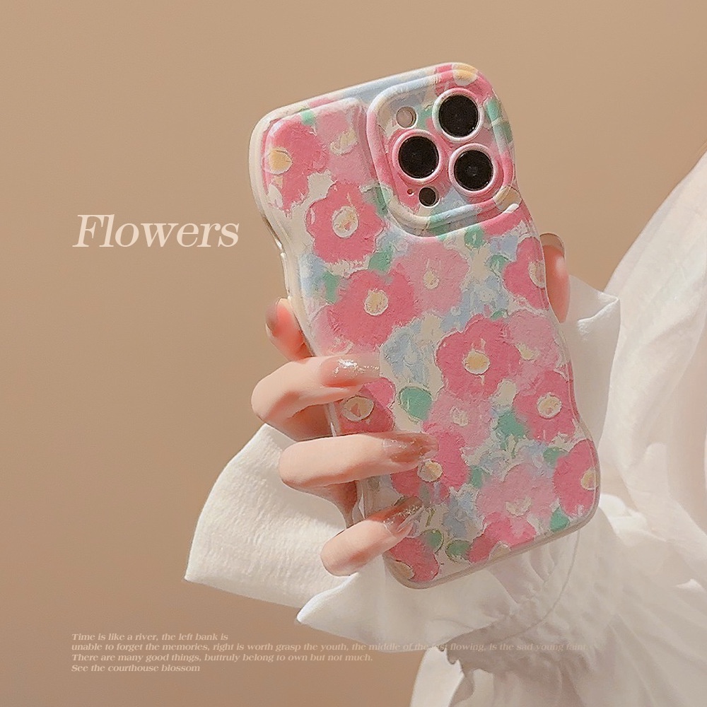 IPHONE Ins Lukisan Cat Minyak Cherry Pink Flowers Silicone Case Untuk Iphone14 11 12 13 PRO MAX Casing Cover Pelindung AT0313