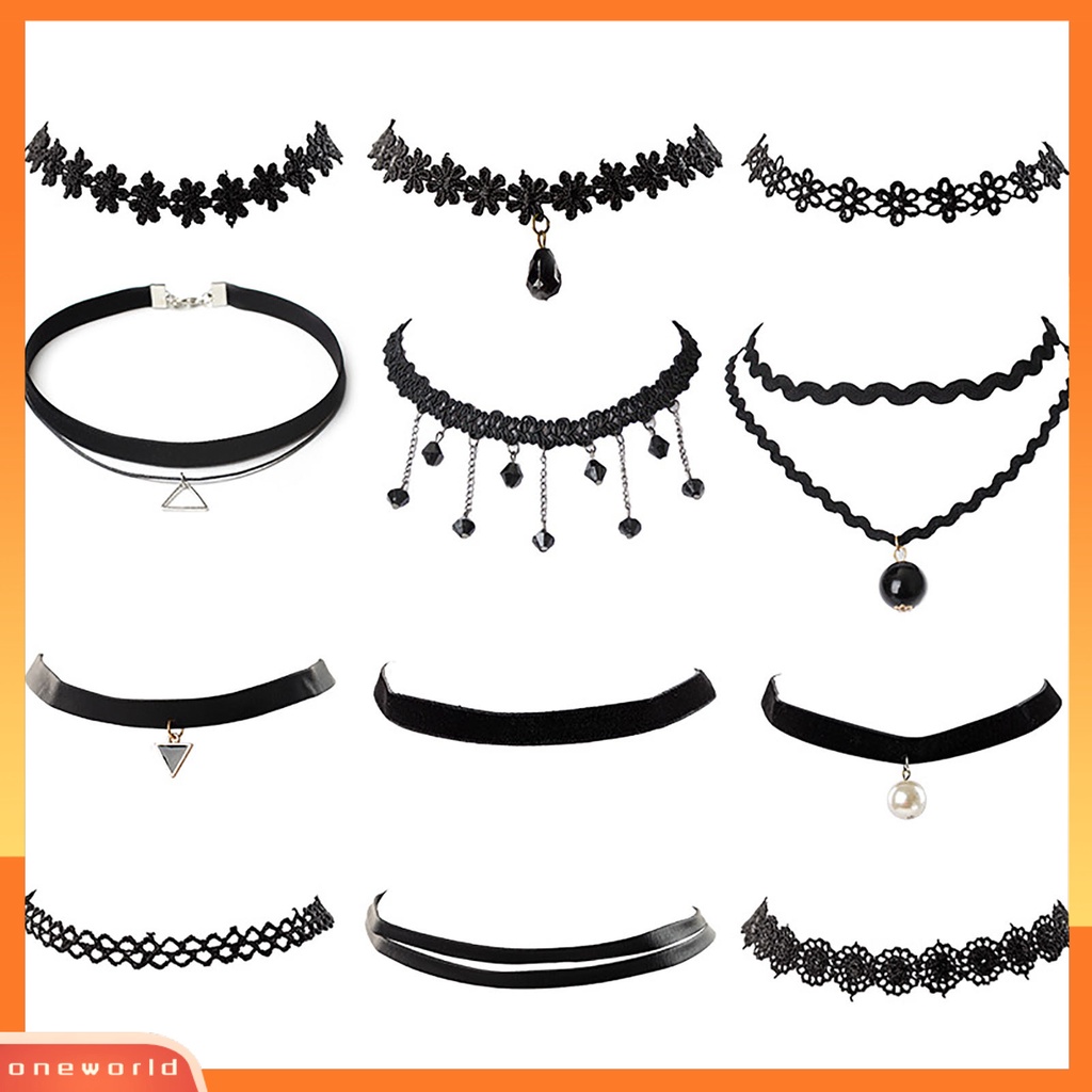 [ONE] 12 Pcs/set Mutiara Imitasi Menjuntai Pola Bunga Wanita Kalung Ringan Gothic Vintage Renda Kerah Kalung Perhiasan Aksesori