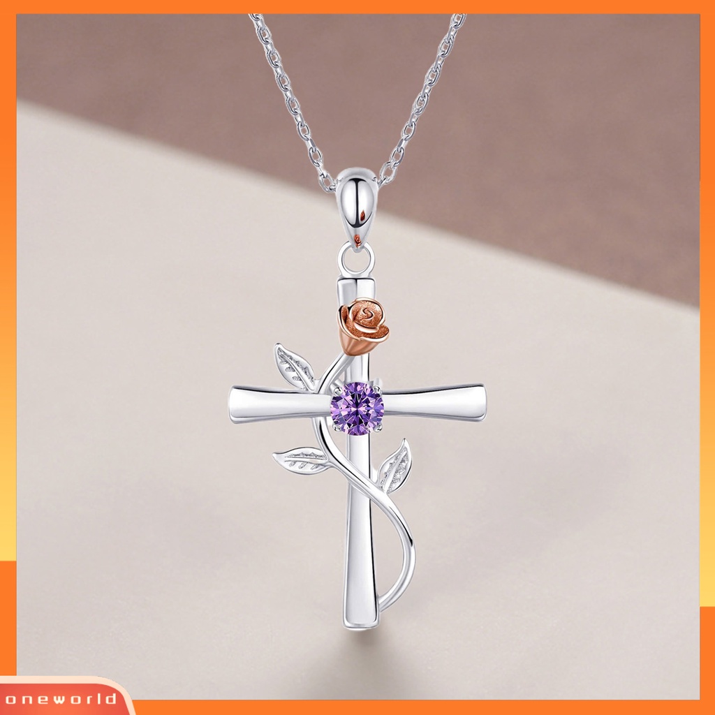 [ONE] Wanita Kalung Novelty High Gloss Silver Plated Cross Rose Flower Kalung Rantai Berlian Imitasi Mengkilap Untuk Pesta