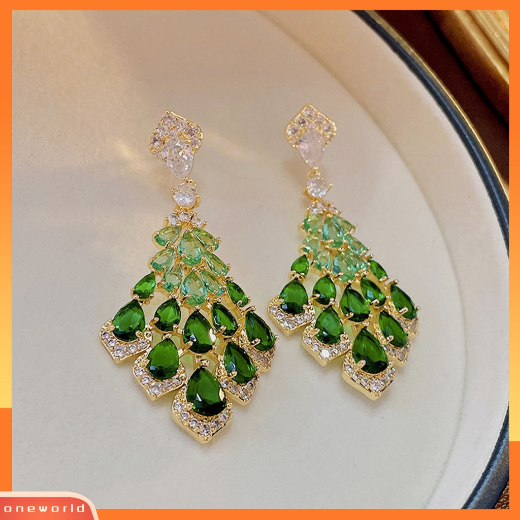 [ONE] 1pasang Drop Earrings Faux Green Kristal Bulu Bentuk Elegan Vintage Hadiah Cantik Nonallergic Berlian Imitasi Bertatahkan Menjuntai Anting-Anting Perhiasan Fashion