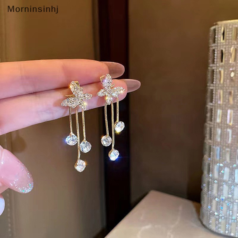 Mornin Korea Berlian Imitasi Mengkilap Mutiara Rumbai Drop Anting Untuk Wanita Elegan Imitasi Pearl Ikatan Simpul CZ Gantung Anting Perhiasan Pernikahan id