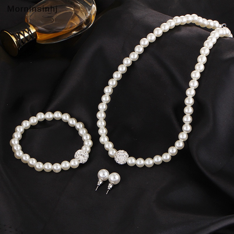 Mornin 3in1 Set Wanita Pengantin Pernikahan Set Berlian Imitasi Mutiara Imitasi Kalung Gelang Anting Pesta Perhiasan Hadiah id