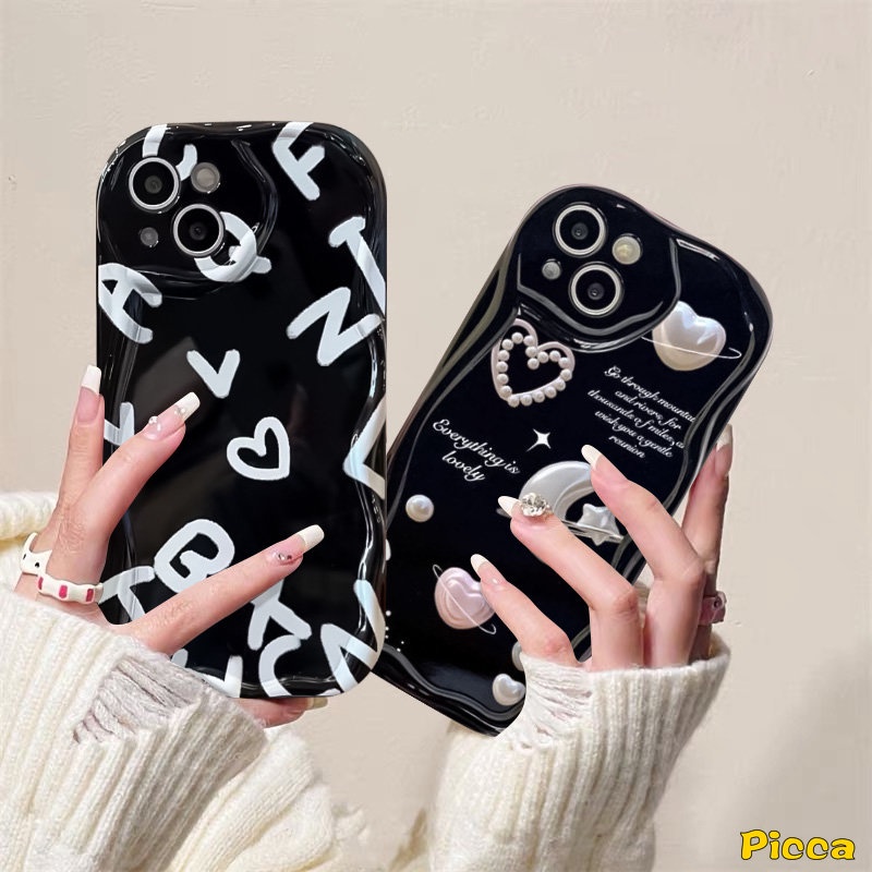 Casing Untuk Oppo A16 A15 A17k A16K A5s A95 A53 A17 A77 A1k A92 A3s A74 A54s A16s A52 A77s A9 A5 A76 A16E A31 Romantis Bulan Bintang Alfabet Love Hati 3D Bergelombang Lengkung Tepi Soft Cover