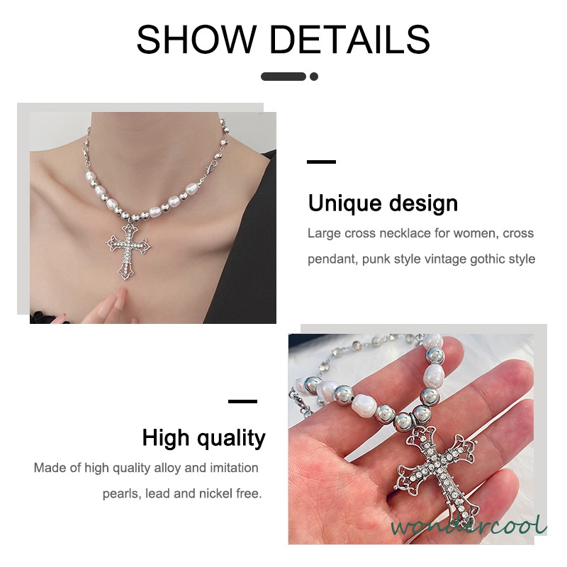 Kalung Alloy Vintage Pearl Cross Pendant Punk Sweter Serbaguna Wanita-Won