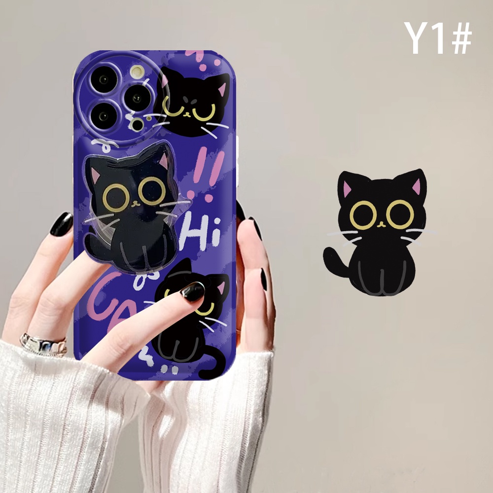 Oppo Reno 8T 4G A57 A16 A16K A17 A5S A12 A3S A12E A92 A52 F1S A53 A33 A31 A9 A5 A15 A15S A54 F9 C1 Graffiti Black Cat Air cushion TPU Phone Case Dengan Bracket Binteacase