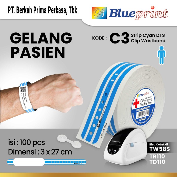 

Direct Thermal Klip ID Band BLUEPRINT 30x270 mm, Gelang Pasien Dewasa - Cyan Stripe
