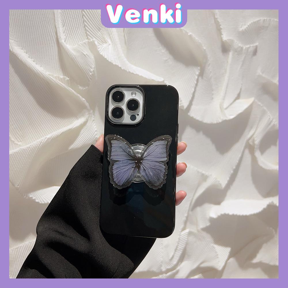 VENKI - Untuk iPhone 14 Pro Max iPhone Case dengan Dudukan Lipat Kupu-kupu Pegangan Bening Hitam Glossy TPU Soft Case Shockproof Kompatibel dengan iPhone 13 Pro max 12 Pro Max 11 xr xs max 7