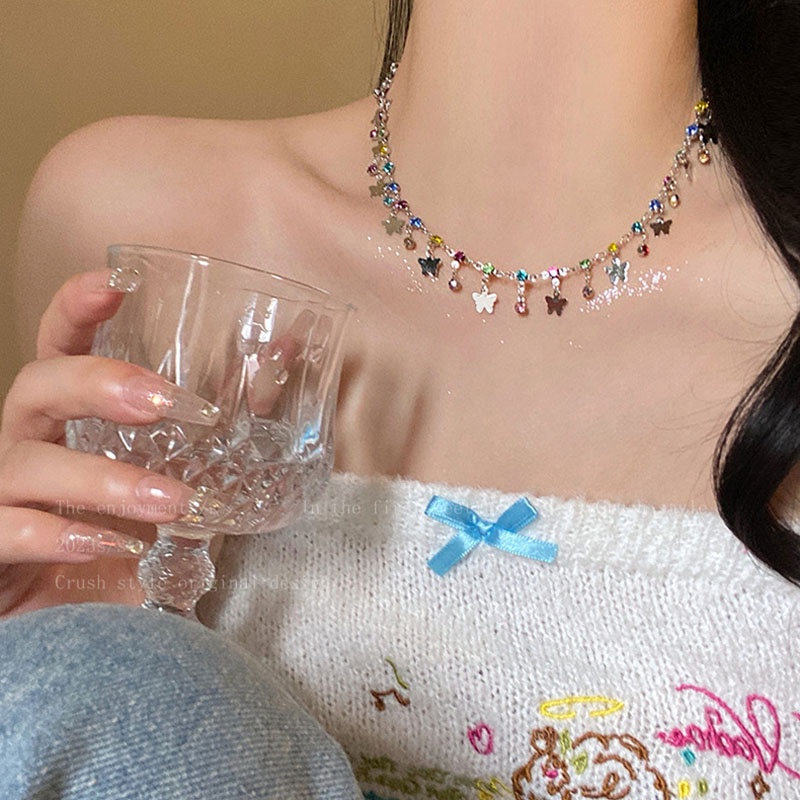 Kalung Geometris Kupu-Kupu Bahan Alloy Zircon Korea Untuk Anak Perempuan