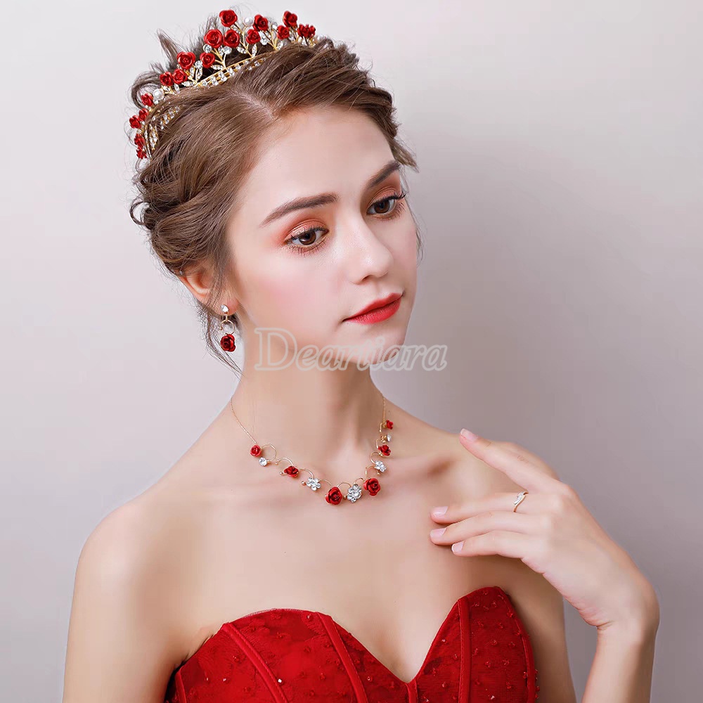 Fashion Baroque Aesthetic Temperamen Mawar Merah Putri Rambut Band Aksesoris Gaun Pernikahan Mahkota Pengantin