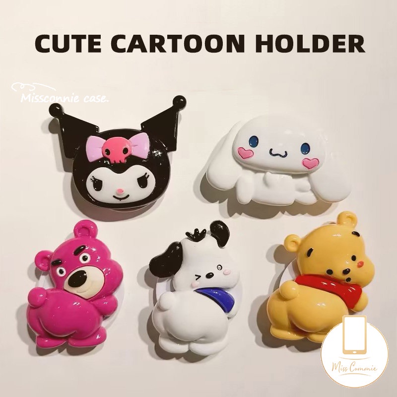 3d DIY Cute Strawberry Bear Manyo Winnie The Pooh Phone Grip Glossy Braket Lipat Kartun Melody Kuromi Lovely Cat Cute Puppy Universal Scalable Phone Stand Holder