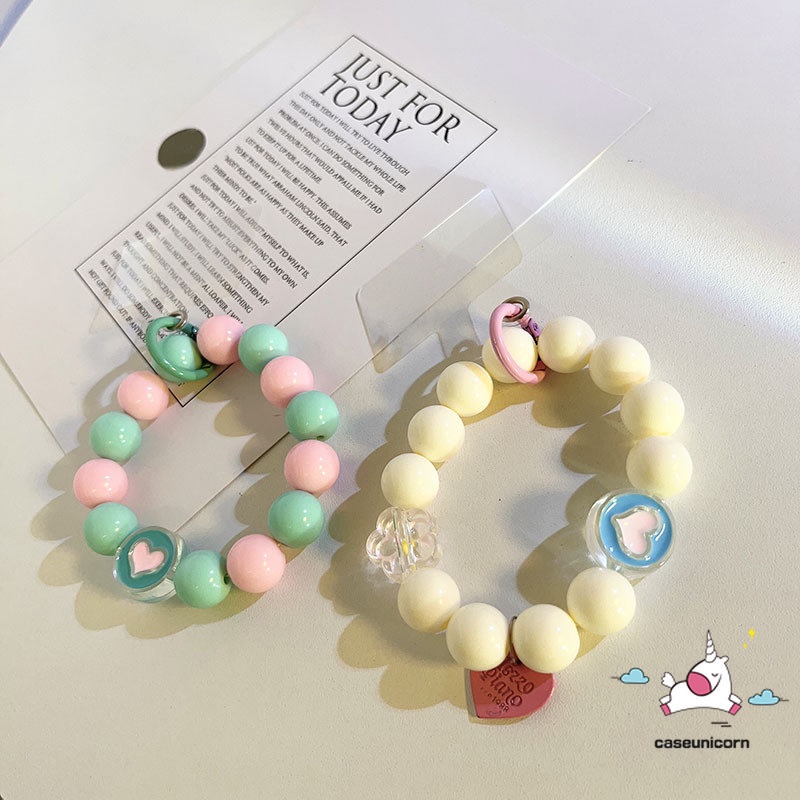 Permen Macaron Warna-Warni Gelang Kreatif Kartun Lucu Tali Tangan Manik-Manik Lanyard Rantai Telepon Mutiara Strawberry Bunga Cinta Hati Rantai Gantung Aksesoris Manis