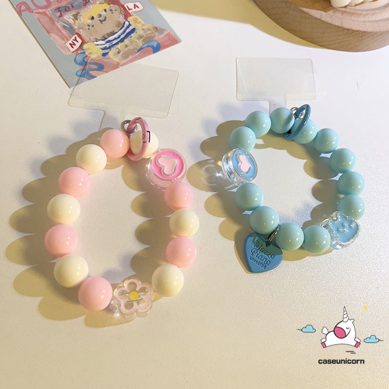 Permen Macaron Warna-Warni Gelang Kreatif Kartun Lucu Tali Tangan Manik-Manik Lanyard Rantai Telepon Mutiara Strawberry Bunga Cinta Hati Rantai Gantung Aksesoris Manis