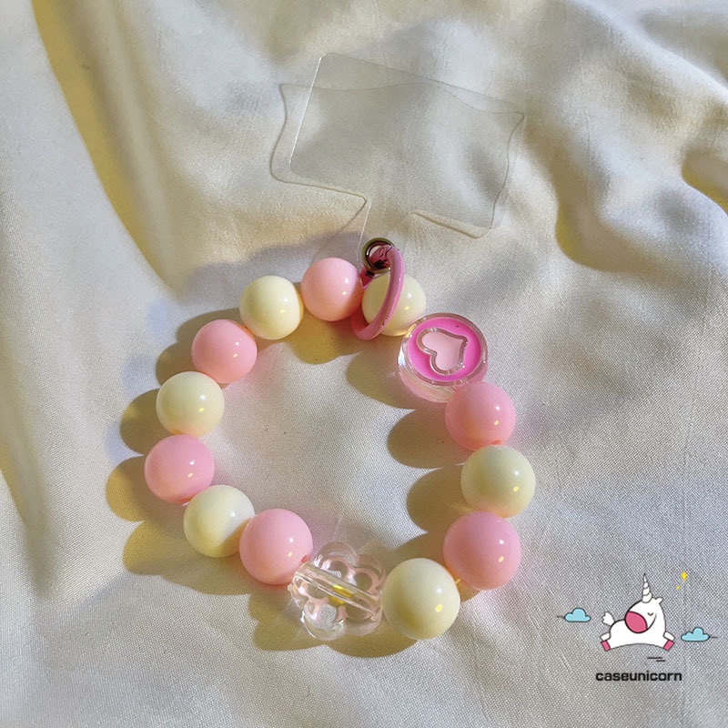 Permen Macaron Warna-Warni Gelang Kreatif Kartun Lucu Tali Tangan Manik-Manik Lanyard Rantai Telepon Mutiara Strawberry Bunga Cinta Hati Rantai Gantung Aksesoris Manis