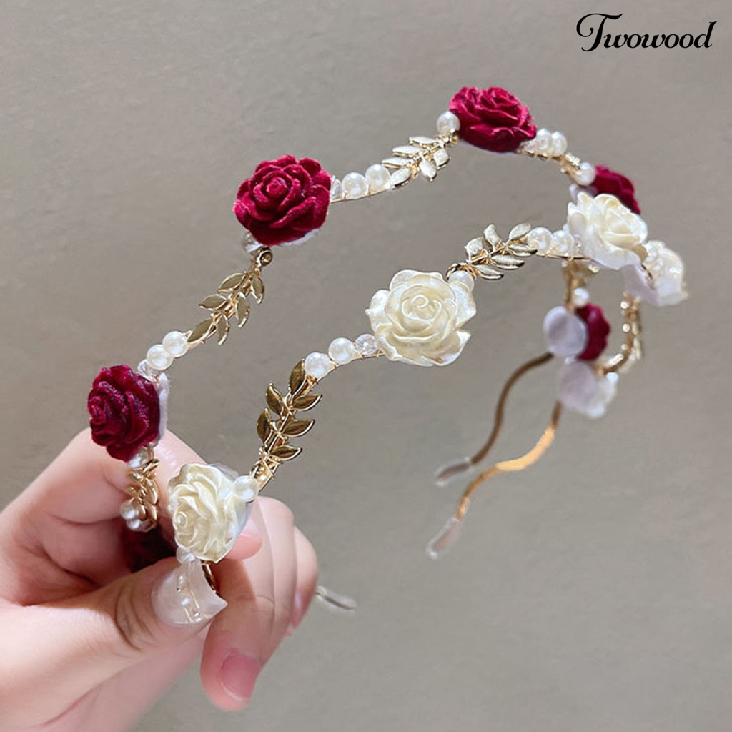 Twowood Rose Headband Glossy Faux Pearl Pengerjaan Halus Daun Dekorasi Vintage Hias Lolita Anti-slip Rose Wedding Hair Hoop Wanita Aksesori Rambut