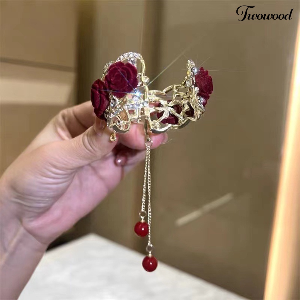 Twowood Ponytail Holder Claw Non-slip Cakar Kuat Bunga Dekorasi Shiny Rhinestone Rumbai Hiasan Rambut Manik-Manik Mawar Cakar Kuat Pegangan Rambut Aksesoris Rambut