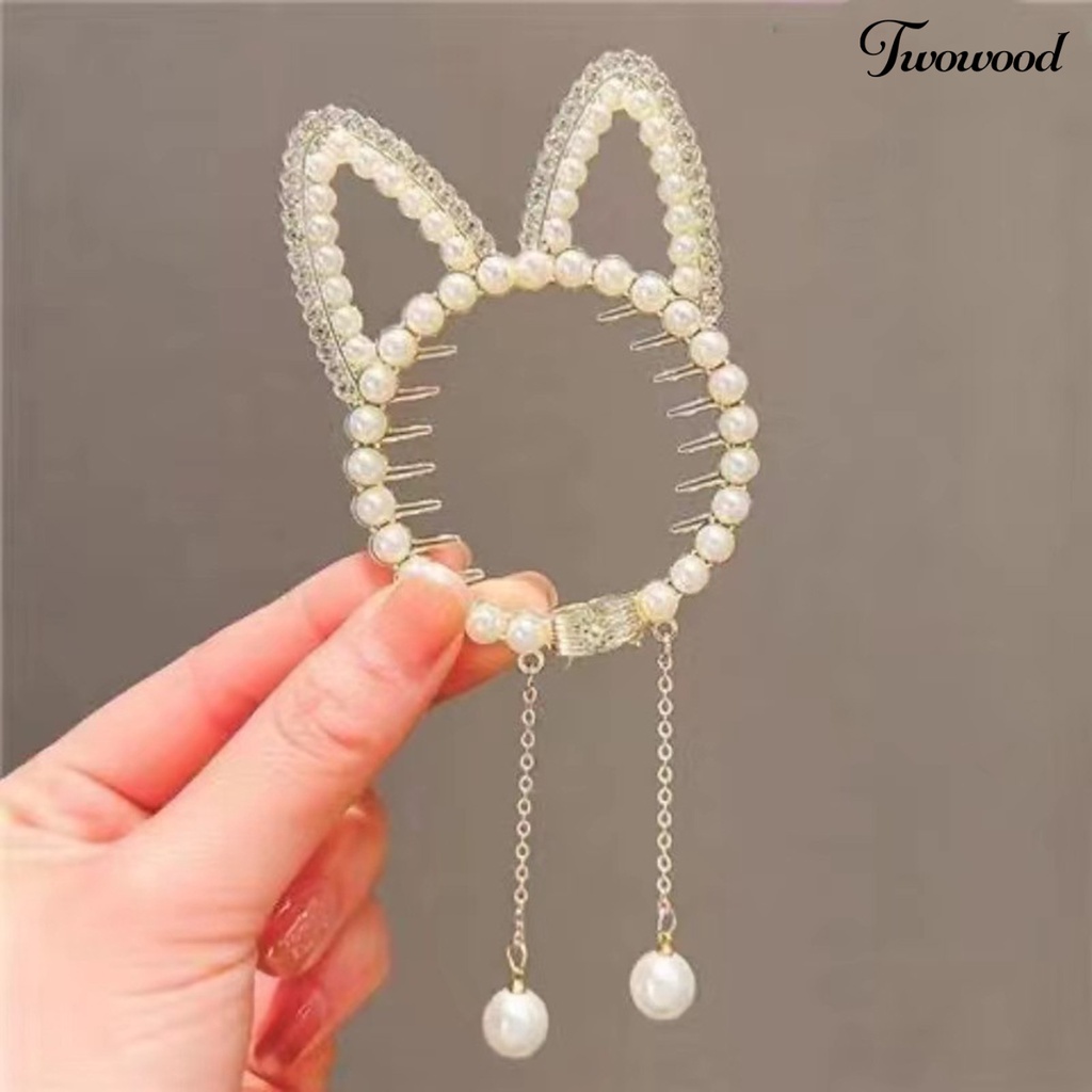 Twowood Shiny Rhinestones Faux Pearls Decor Ponytail Buckle Anti-slip Gigi Gadis Telinga Kucing Dekorasi Rumbai Liontin Rambut Penjepit Aksesoris Rambut