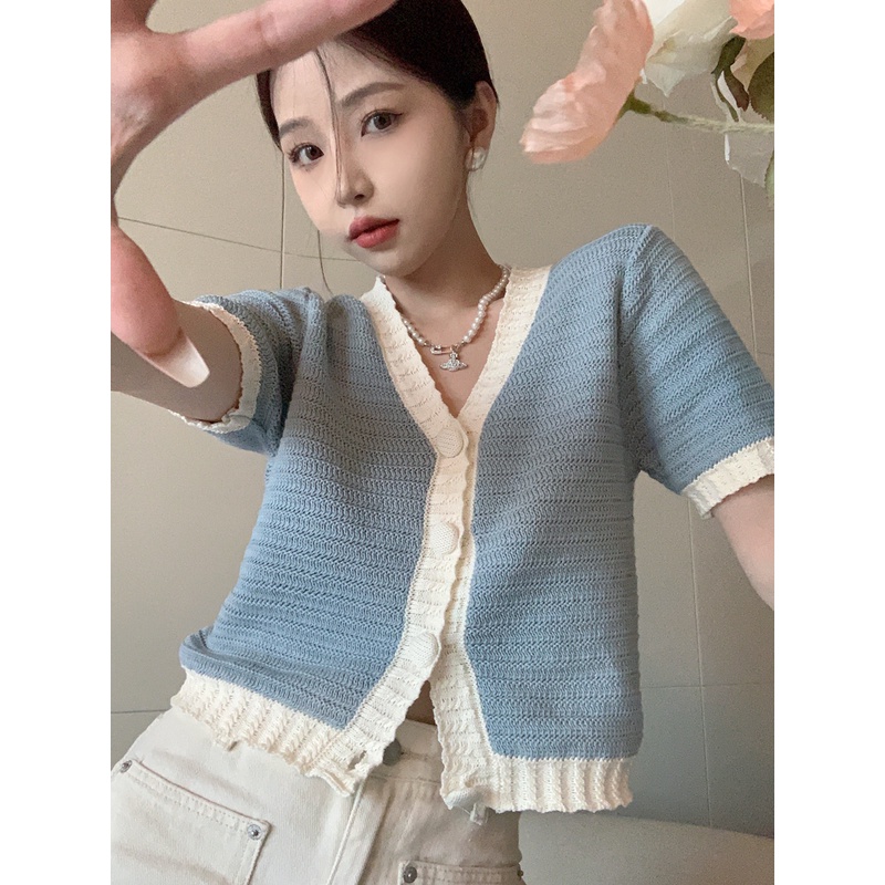 Cardigan Rajut Kancing Wanita Lengan Pendek V Korean Top