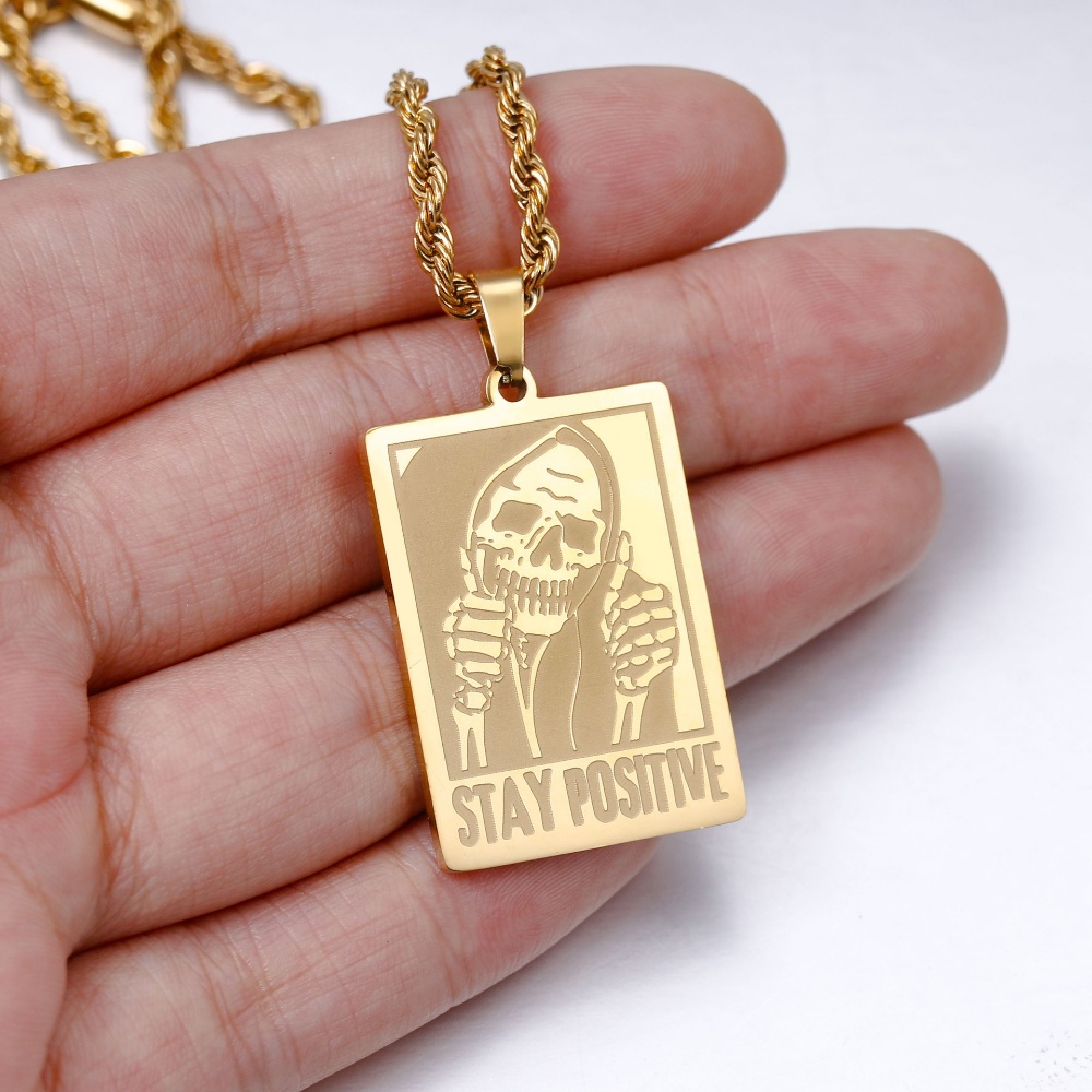[X C Kalung] Baru Emas &amp; Perak Hip-hop Punk Retro Persegi Army Kartu Tengkorak Baja Titanium Liontin Stainless Steel Kalung Untuk Pria Dan Wanita Hadiah Liburan Perhiasan