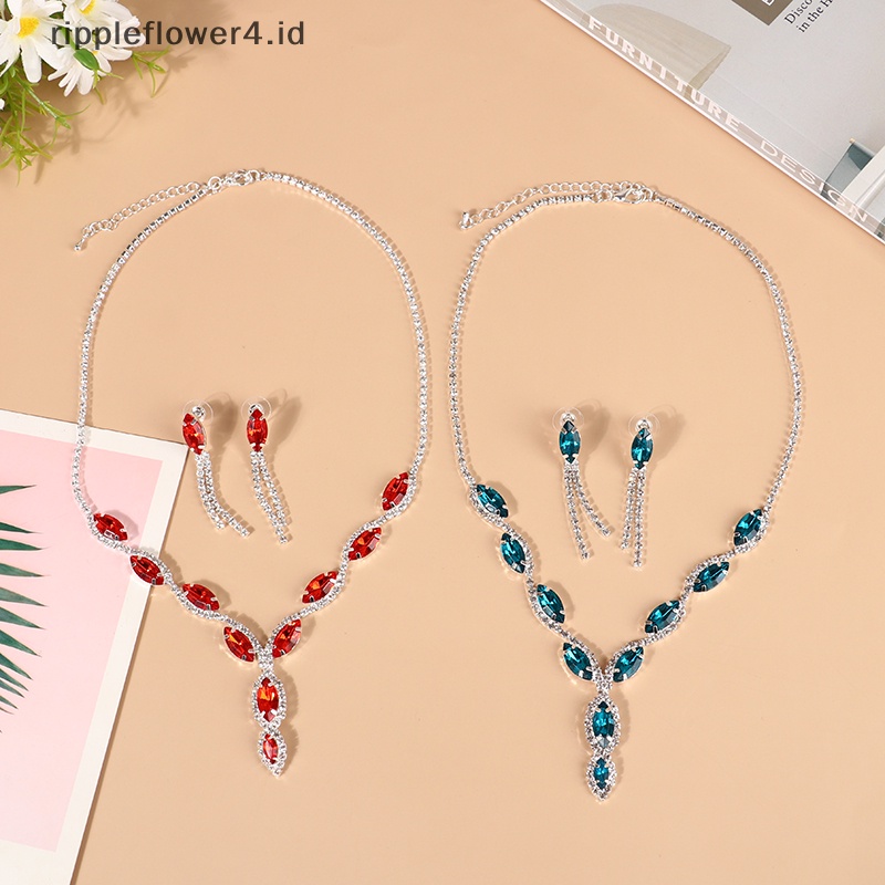 {rippleflower4.id} Fashion Kristal Prom Pernikahan Set Perhiasan Wanita Aksesoris Bunga Rumbai Kalung Anting Pengantin Hadiah Perhiasan Set~
