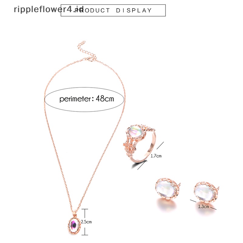 {rippleflower4.id} Aurora Oval Zirkon Kalung Anting Cincin Set Perhiasan Wanita Romantis Lapis Emas Imitasi Opal Hadiah Aksesoris~