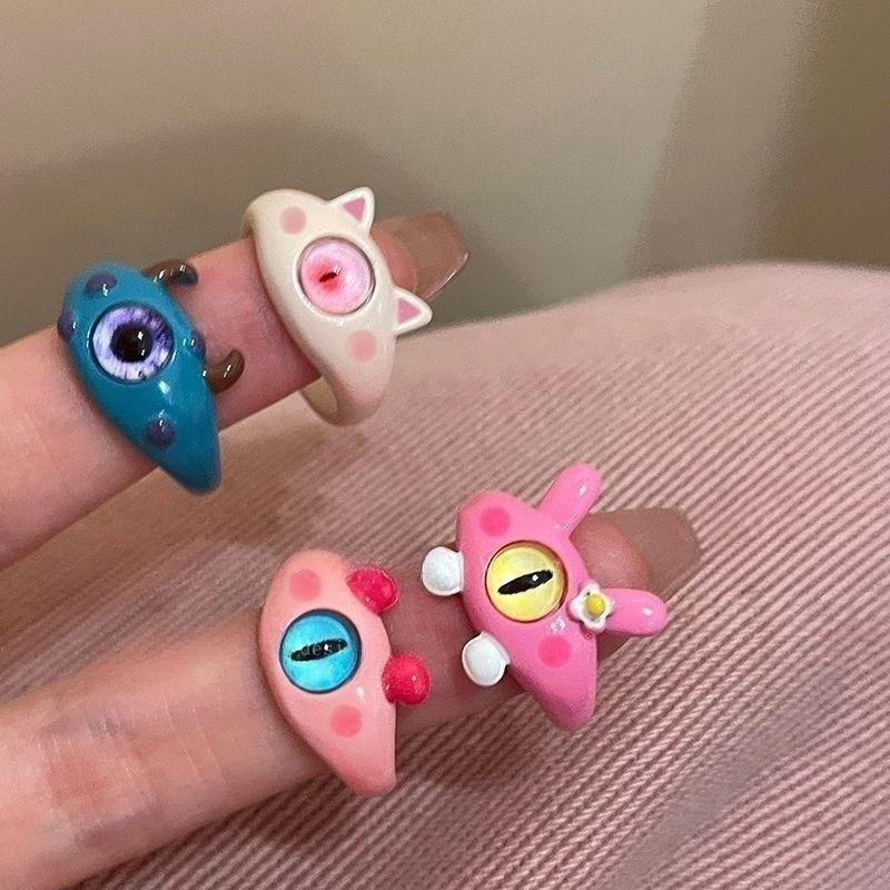 Y2k Kartun Kucing Lucu Pembukaan Cincin/ Adjustable Kreatif Monster Kecil Bola Mata Jari Cincin/ Kepribadian Resin Cincin Perhiasan Untuk Unisex